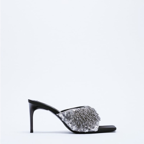 NWT Zara Party Sandals Heels Size 7.5 Open Toe Beaded Sparkly Slip On Sandals - Picture 5 of 11